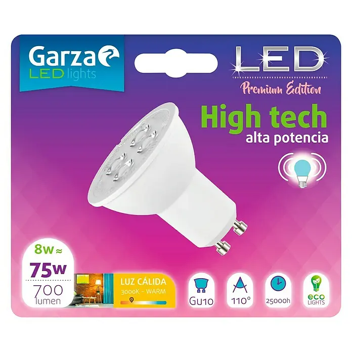 Garza Bombilla LED - 8 W, GU10, Color de luz: Blanco cálido, No regulable
