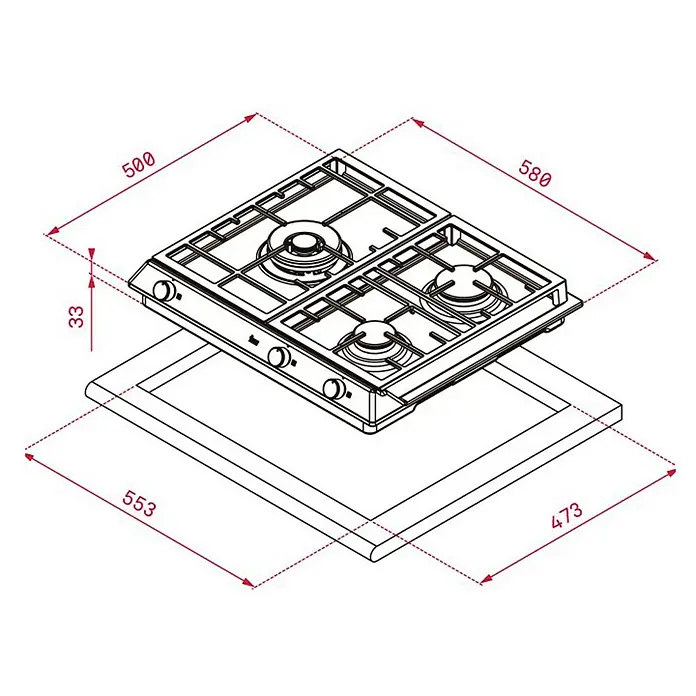 Teka Placa de cocción de gas EX 60.1 3G - Zonas de cocción: 3 ud., Parrillas de hierro fundido, Acero inoxidable