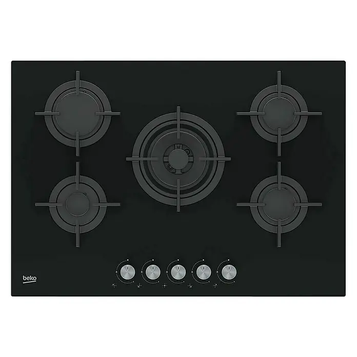 Beko Placa de cocción de cristal gas HILW 75222 SL - Zonas de cocción: 5 ud., Parrillas de hierro fundido, Vitrocerámica
