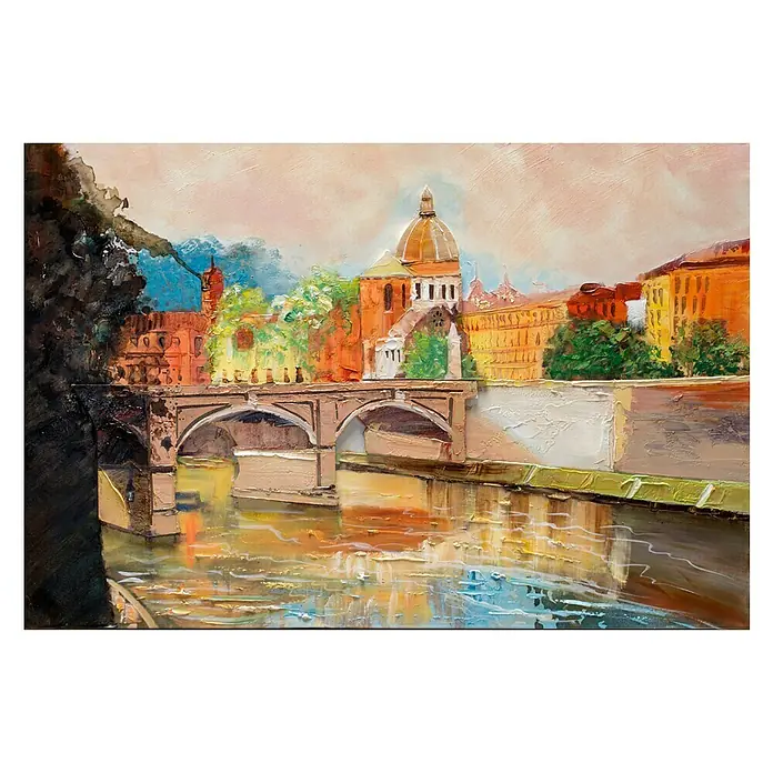 Cuadro pintado a mano Dipinto  River and bridge - Río y puente, An x Al: 90 x 60 cm