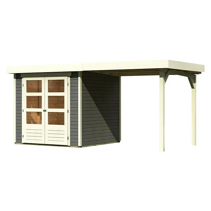 Karibu Gartenhaus Askola - 217 x 433 cm, Wandstärke: 19 mm, Flachdach, Grau, Mit Anbau - Linke Seitenansicht