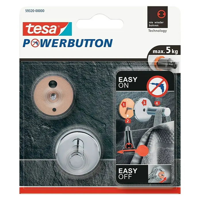 Tesa Powerbutton Wandhaken Powerbutton Universal - Größe: Klein, Rund, Selbstklebend