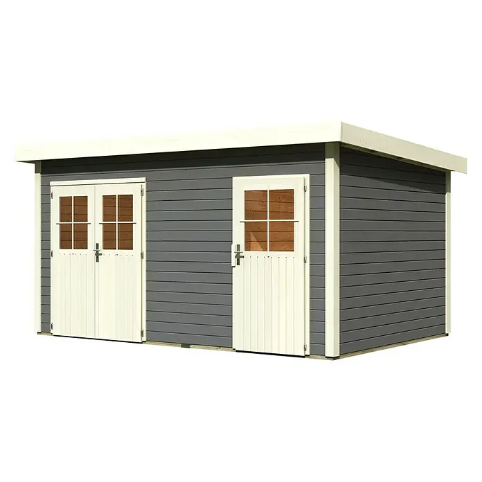 Karibu Gartenhaus Mattrup - 303 x 456 cm, Wandstärke: 28 mm, Flachdach, Terragrau, Weiß - Linke Seitenansicht