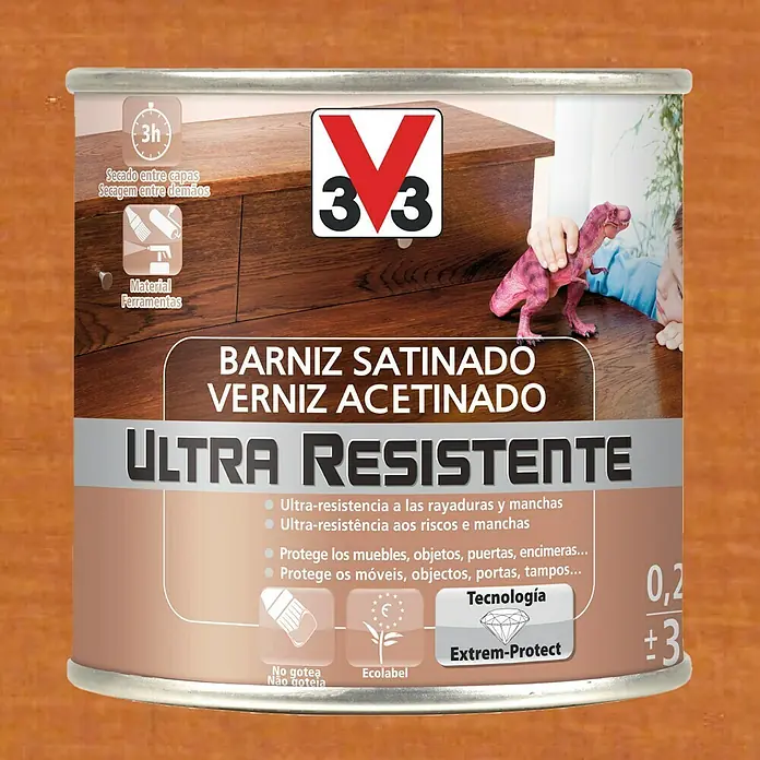V33 Barniz para madera Satinado Ultra Resistente - Cerezo, Satinado, 250 ml