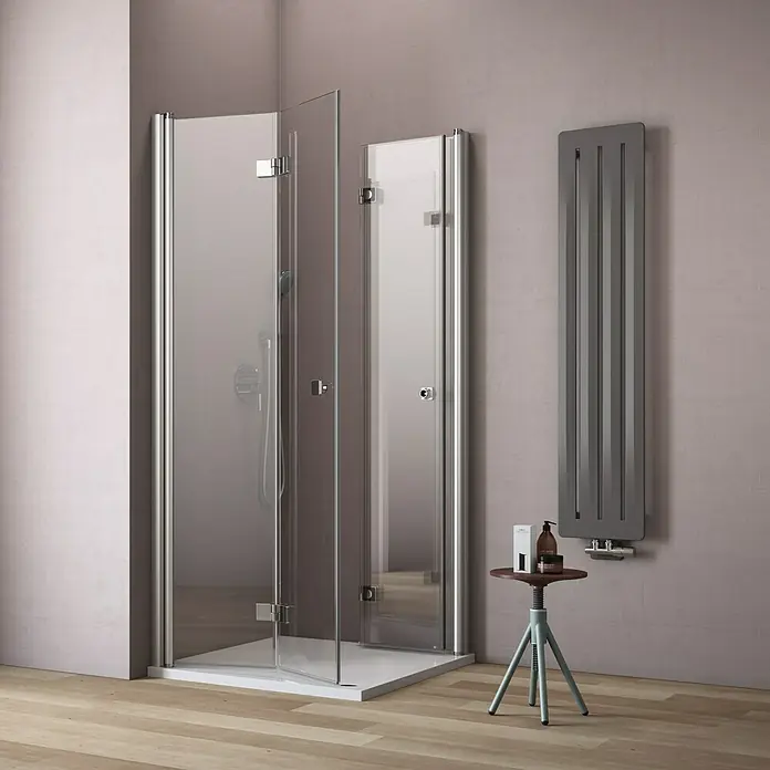 GEO Hit Eckdusche B-E400 - 80 x 90 x 202,2 cm, Unbeschichtet, Stärke: 6 mm, Silber - Vorderansicht