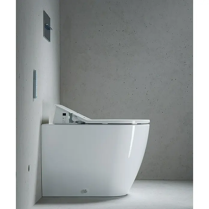 Duravit ME by Starck Stand-WC Typ 1 - Mit Spülrand, Ohne Spezialglasur, Spülform: Tief, WC Abgang: Waagerecht, Weiß - Linke Seitenansicht