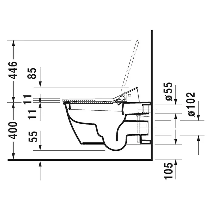 Duravit Darling New Wand-Dusch-WC - Mit Spülrand, Ohne Spezialglasur, Spülform: Tief, WC Abgang: Waagerecht, Weiß - Skizze
