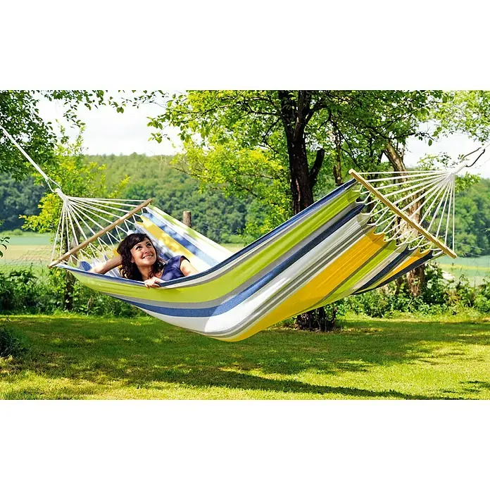 Amazonas Viseća ležaljka s jastukom Tonga kolibri - 310 x 100 cm, Zeleno-bijelo-žuto-plave boje - Pogled sprijeda