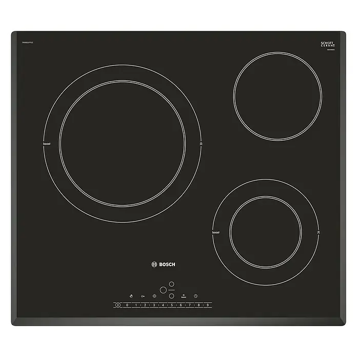 Bosch Placa de cocción vitrocerámica PKK651FP2E - Zonas de cocción: 3 ud., Reloj conmutador, Vitrocerámica