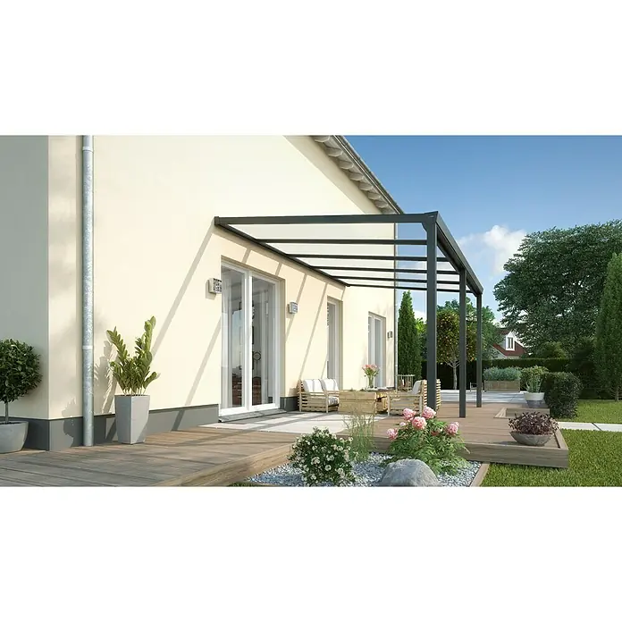 Terrasoverkapping Easy Edition - l x d: 500 cm x 300 cm, Gelaagd veiligheidsglas VSG, Antracietgrijs, Helder - Sfeeropname