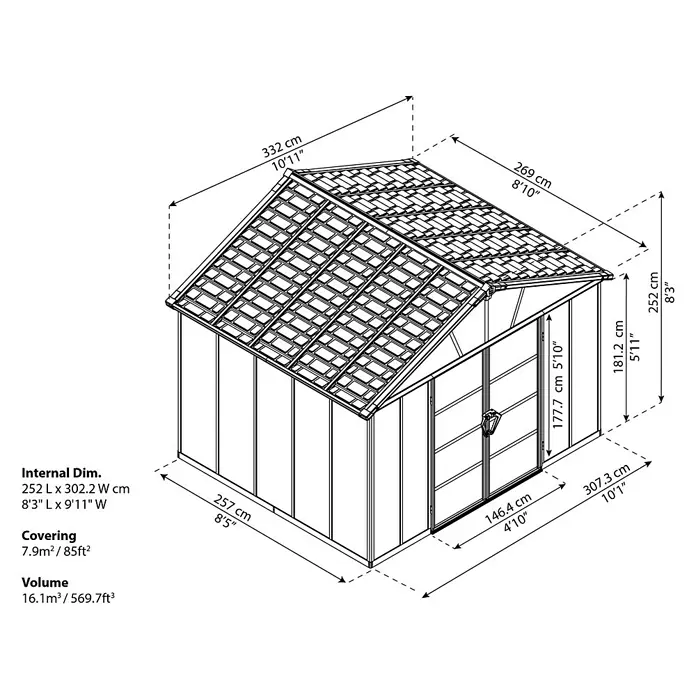 Palram – Canopia Yukon Gerätehaus - Außenbreite inkl. Dachüberstand: 333 cm, Außentiefe inkl. Dachüberstand: 272 cm, Aluminium, Grau, Mit Boden