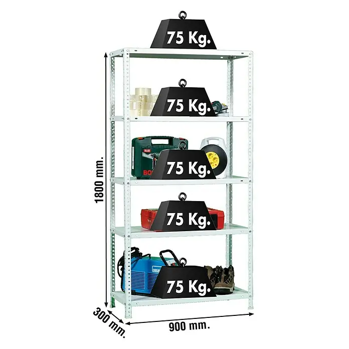Simonrack Simonclassic Estantería metálica Advantage - L x An x Al: 30 x 90 x 180 cm, Capacidad de carga: 75 kg/balda, Número de baldas: 5 ud., Atornillado, Blanco