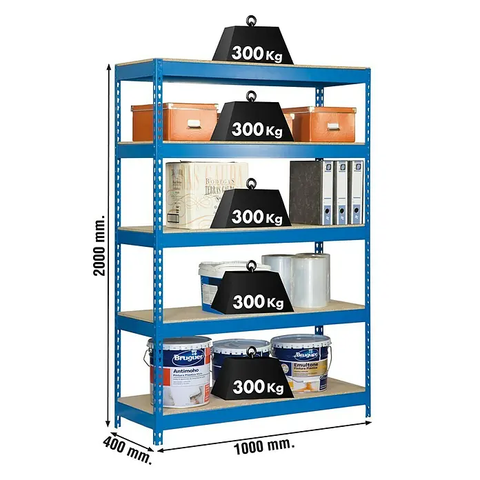 Simonrack Bricoforte Estantería para cargas pesadas Chipboard - L x An x Al: 45 x 100 x 200 cm, Capacidad de carga: 300 kg/balda, Número de baldas: 5 ud., Azul, Material balda: Madera