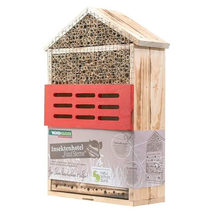 Windhager Insektenhotel 5 Sterne - L x B x H: 33,5 x 14 x 49,5 cm, Holz, Naturbraun/Rot, Geflammt - Rechte Seitenansicht