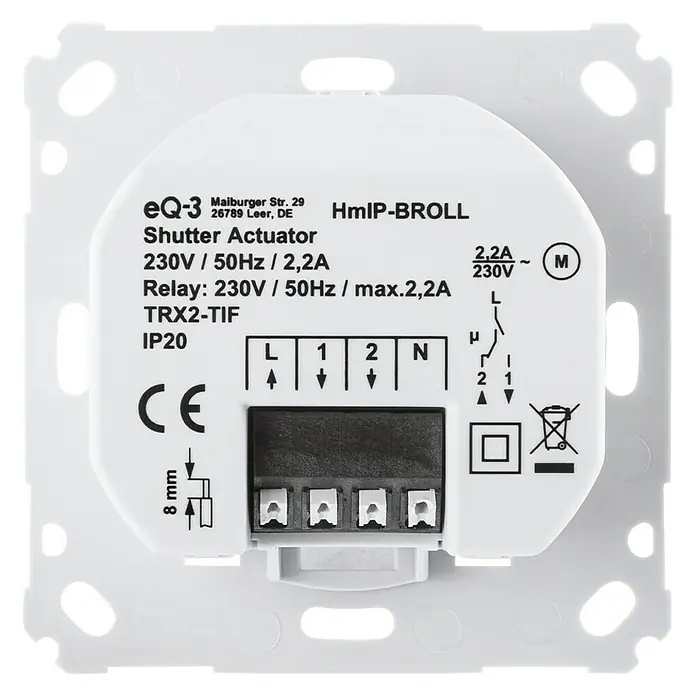 Homematic IP Rollladenschalter HmIP-BROLL - Unterputz, 71 x 71 x 37 mm, Funk - Rückansicht