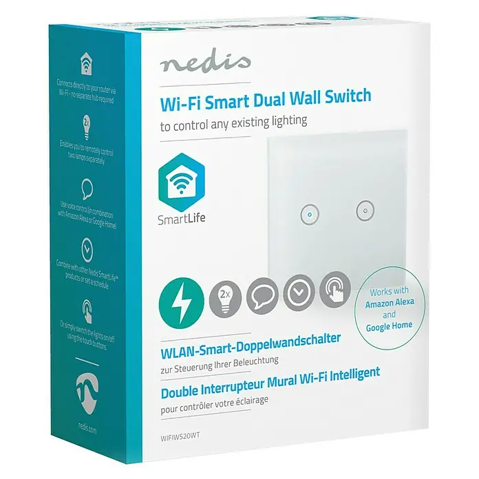 Nedis Smartlife Funk-Lichtschalter - 2-fach, Weiß, Max. Anschlussleistung: 300 W - Vorderansicht