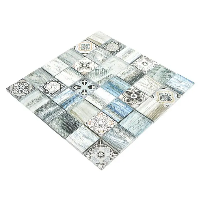 Mosaikfliese Quadrat Crystal XCM WOOD 300 - 30 x 30 cm, Blau/Grau, Glänzend - Ansicht von oben