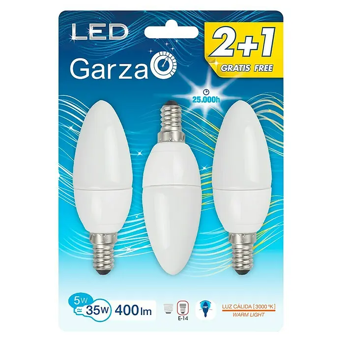 Garza Bombilla LED Vela - 3 uds., E14, 3 x 5 W, Color de luz: Blanco cálido, No regulable