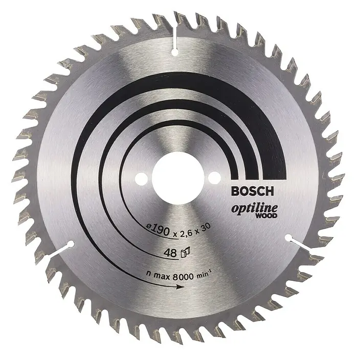 Bosch Kreissägeblatt Optiline Wood - Durchmesser: 190 mm, Bohrung: 30 mm, Anzahl Zähne: 48 Zähne - Vorderansicht