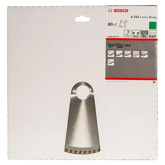 Bosch Kreissägeblatt Optiline Wood - Durchmesser: 254 mm, Bohrung: 30 mm, Anzahl Zähne: 80 Zähne - Vorderansicht