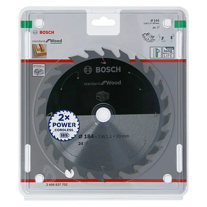 Bosch Cirkelzaagblad - Diameter: 184 mm, Boorgat: 20 mm, Aantal tanden: 24 tanden - Vooraanzicht