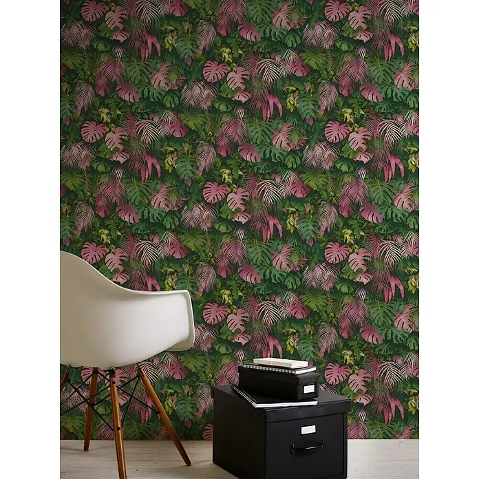 AS Creation Greenery Vliestapete Dschungelblätter - Grün/Pink, Floral, 10,05 x 0,53 m - Stimmungsaufnahme