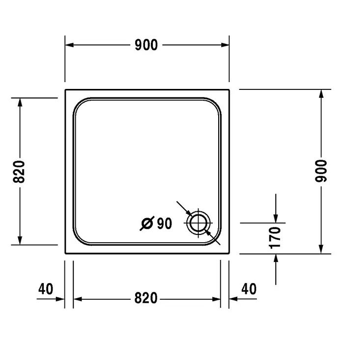 Duravit D-Code Duschwanne - L x B: 90 x 90 cm, Kunststoff, Weiß, Mit Antirutsch-Oberfläche, Quadratisch - Skizze