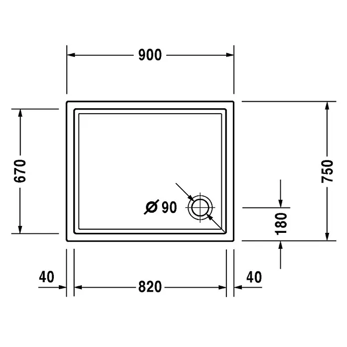 Duravit Duschwanne Starck Slimline - L x B: 90 x 75 cm, Kunststoff, Weiß, Mit Antirutsch-Oberfläche - Skizze