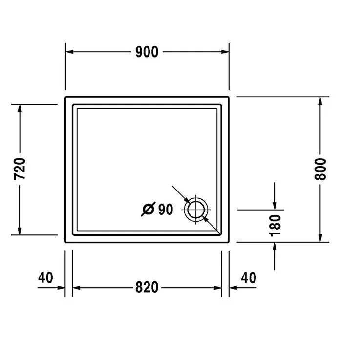 Duravit Duschwanne Starck Slimline - L x B: 90 x 80 cm, Kunststoff, Weiß, Mit Antirutsch-Oberfläche - Skizze