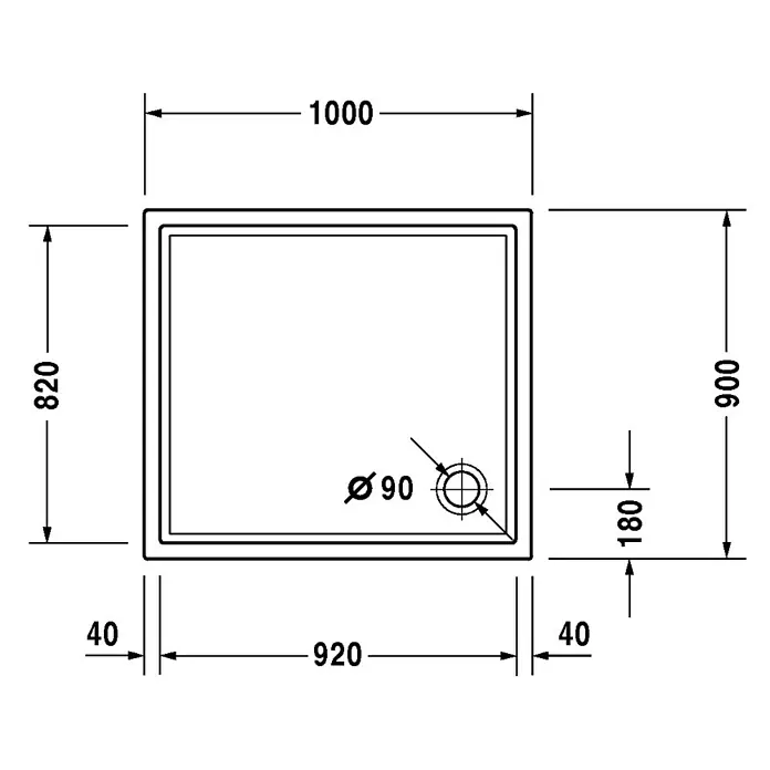 Duravit Duschwanne Starck Slimline - L x B: 100 x 90 cm, Kunststoff, Weiß, Mit Antirutsch-Oberfläche - Skizze
