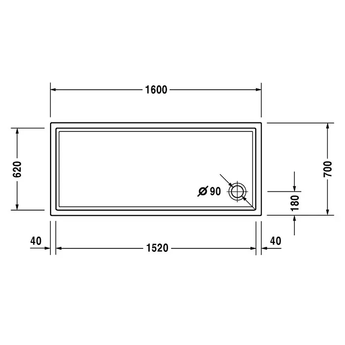 Duravit Duschwanne Starck Slimline - L x B: 160 x 70 cm, Kunststoff, Weiß, Ohne Antirutsch-Oberfläche - Skizze