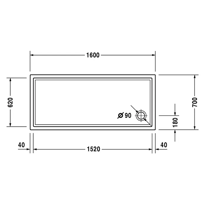 Duravit Duschwanne Starck Slimline - L x B: 160 x 70 cm, Kunststoff, Weiß, Mit Antirutsch-Oberfläche - Skizze