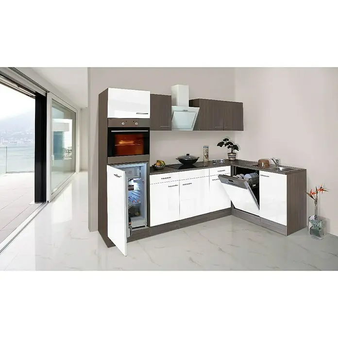Respekta Winkelküche KBL280EYWOE - 280 x 172 cm, Mit Elektrogeräten, Weiß Seidenglanz - Rechte Seitenansicht
