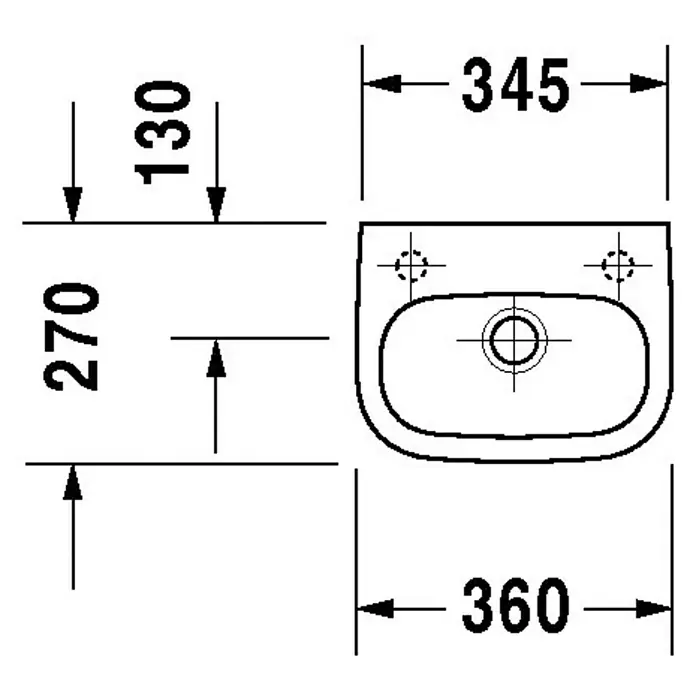 Duravit D-Code Waschbecken - 36 x 27 cm, Ohne Spezialglasur, Hahnloch: Links, Mit Überlauf, Weiß - Skizze