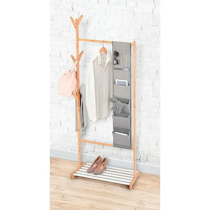 Garderobenständer - L x B x H: 38 x 65 x 167 cm, Anzahl Haken: 6, Bambus/Weiß