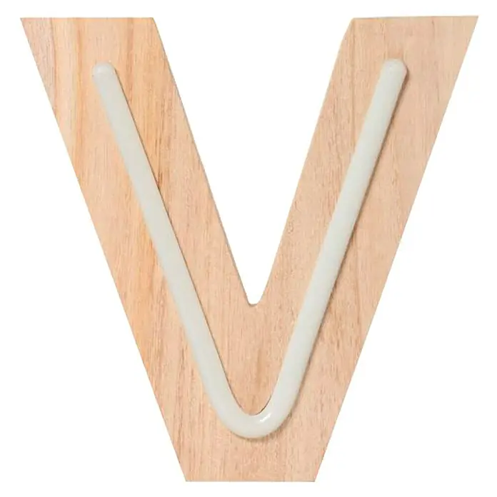 Letra LED neón de madera - V, Madera, Color de luz: Blanco neutro