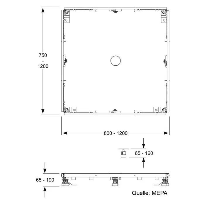 Mepa Duschwannen-Fußrahmen SF Universal - Wannengröße bis 120 x 120 cm - Skizze