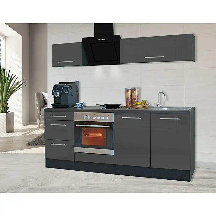Respekta Premium Küchenzeile RP220EGCBO - Breite: 220 cm, Mit Elektrogeräten, Grau Hochglanz
