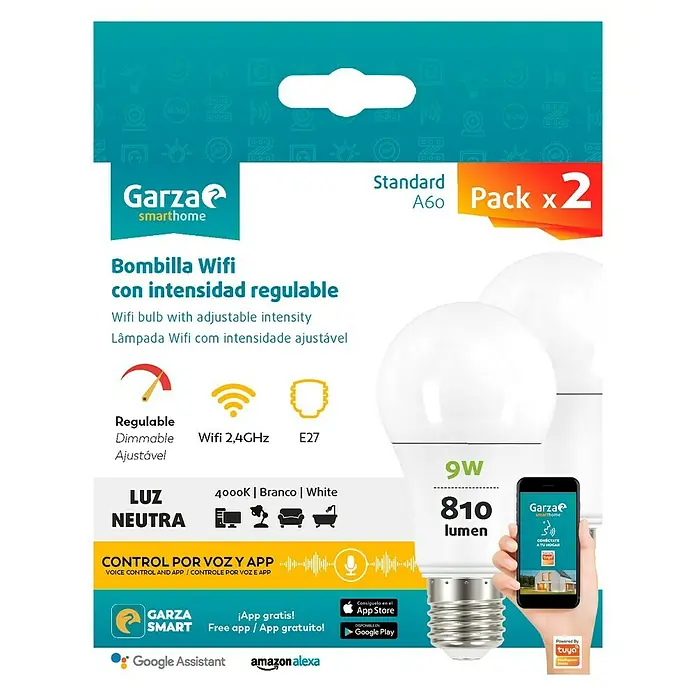 Garza Bombilla LED inteligente Pack 2 - 9 W, E27, Color de luz: Blanco neutro, Intensidad regulable, Redonda