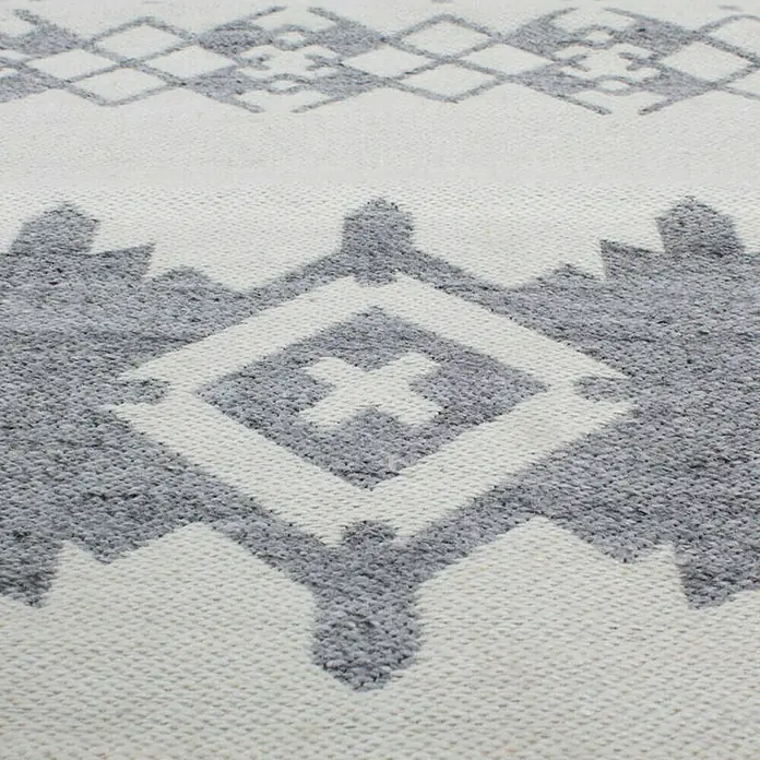 Kayoom Flachgewebeteppich Mirage - Grau/Elfenbein, 230 x 160 cm, 80 % Wolle, 20 % Viskose - Detailaufnahme