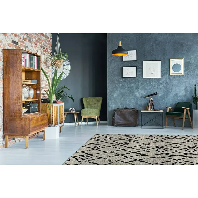 Kayoom Flachgewebeteppich River 110 - Grau/Schwarz, 230 x 155 cm, 70 % Baumwolle, 30 % Polyester - Stimmungsaufnahme