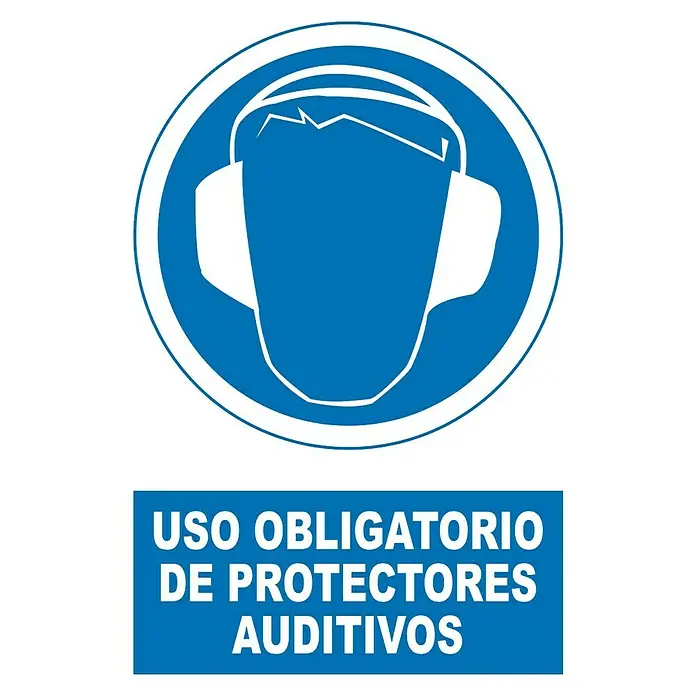 Cartel - Azul/Blanco, Uso obligatorio de protección auditiva, 23 x 34 cm