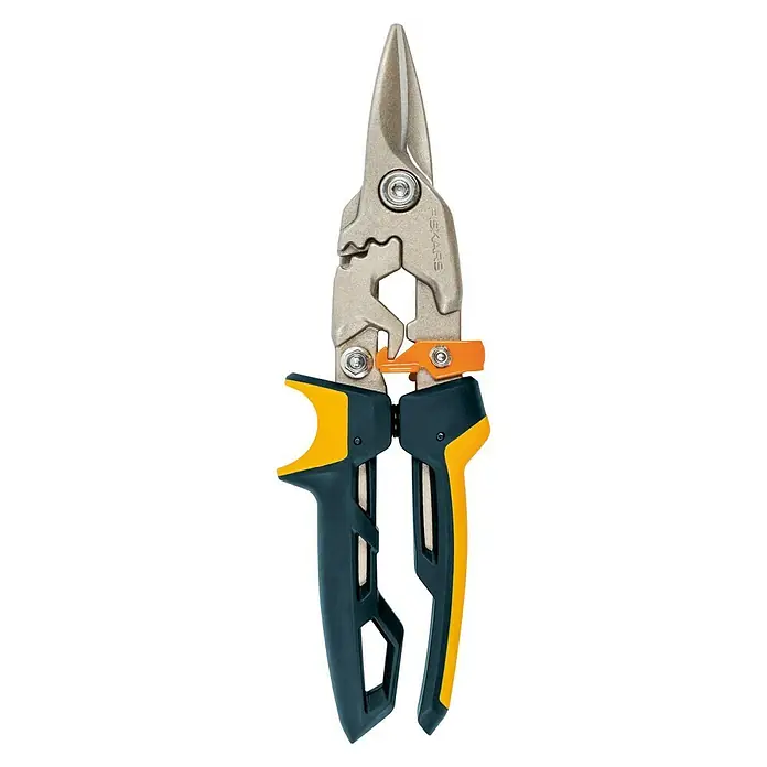 Fiskars PowerGear Tijeras para chapa - Largo: 29,5 cm, Longitud de corte: 38,1 mm, Recto, Negro/Amarillo