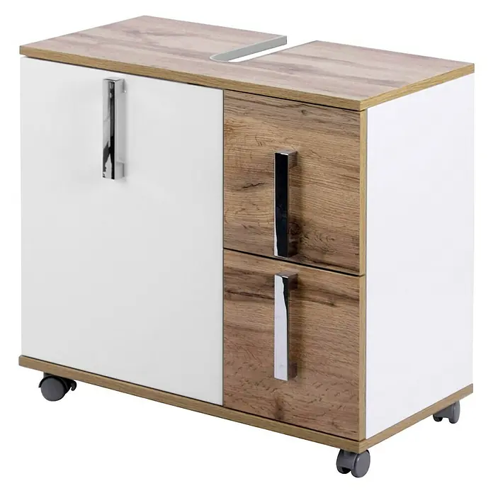 Schildmeyer Luca Waschtischunterschrank - 65 x 32 x 60 cm, Weiß/Wotaneiche - Rechte Seitenansicht