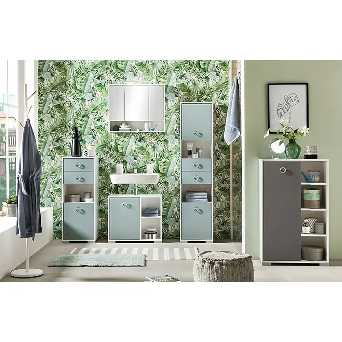 Schildmeyer Kimi Hochschrank - 40 x 33 x 172 cm, Weiß, Taubenblau - Stimmungsaufnahme