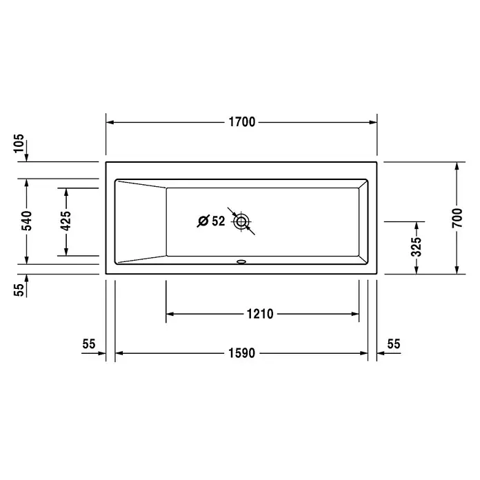 Duravit Vero Badewanne - 170 x 70 cm, Rückenschräge Links, Sanitäracryl, Weiß - Vorderansicht