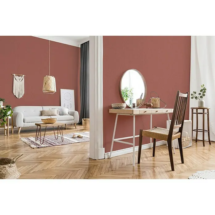 AS Creation New Walls Vliestapete Textil - Rot, Uni, 10,05 x 0,53 m - Stimmungsaufnahme