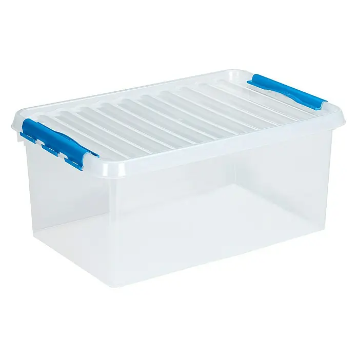 Sunware Aufbewahrungsbox Q-Line - L x B x H: 60 x 40 x 26 cm, Kunststoff, Transparent, Farbe Griff: Blau - Linke Seitenansicht