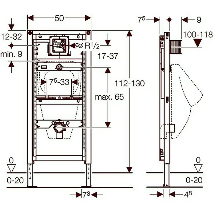 Geberit Duofix Urinal-Montageelement 111.616.00.1 - 1-Mengen-Spülung, 7 x 50 x 112 cm - Vorderansicht