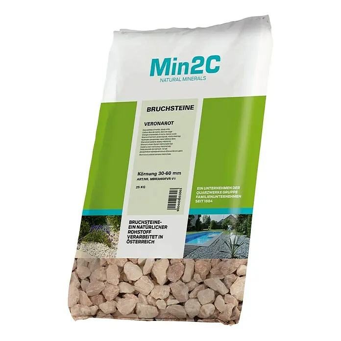 Min2C Ukrasno lomljeno kamenje - Verona crvene boje, Granulacija: 30 mm - 60 mm, 25 kg - Pogled sprijeda